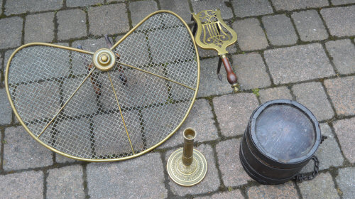 Brass trivet, fire guard, candlestick &