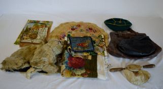 Various  samplers, 2 old leather handbag