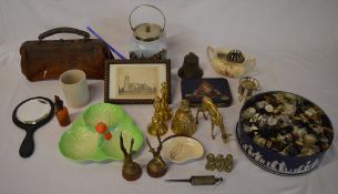 Brass bells, carltonware dish, large tin