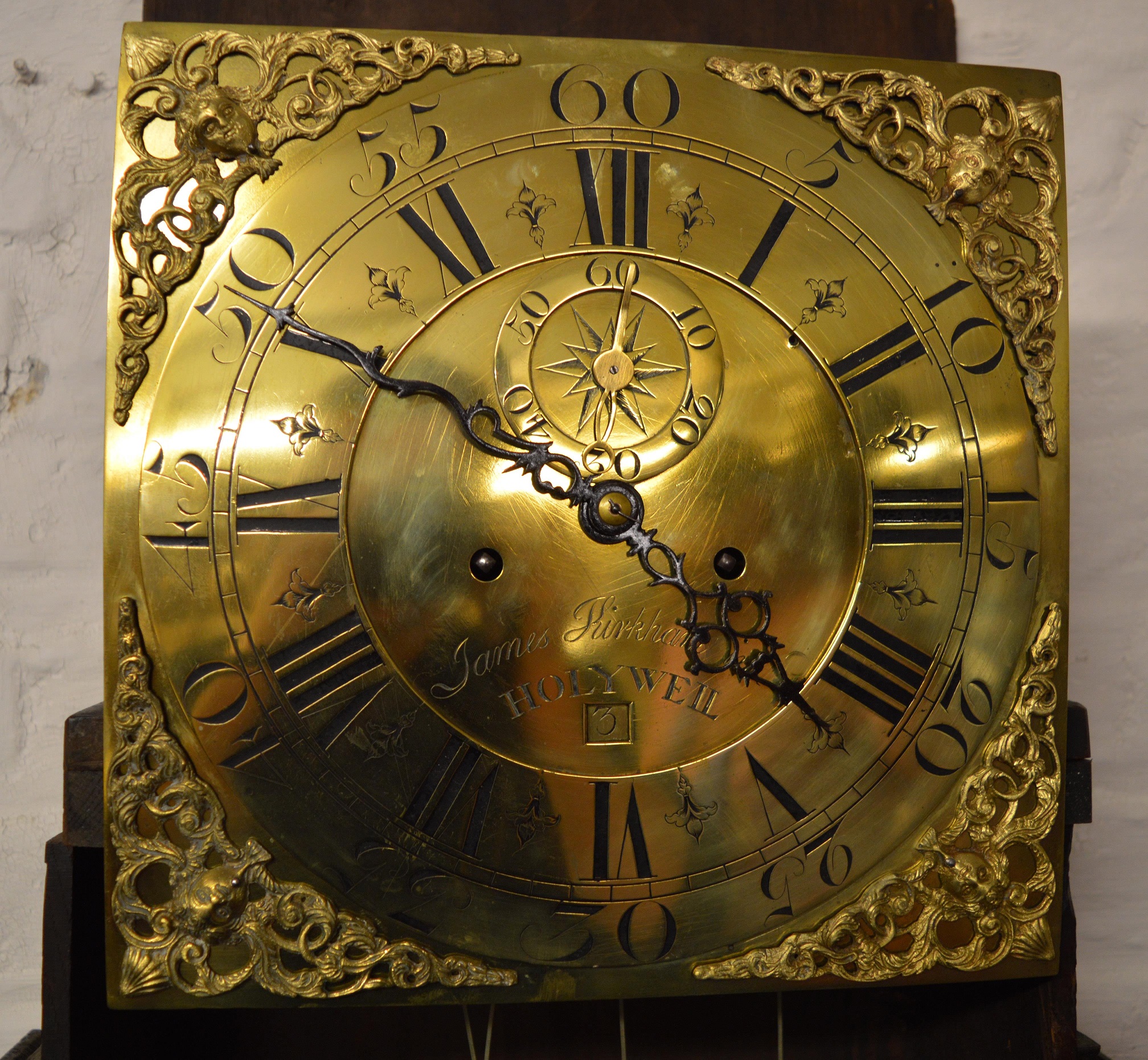 Georgian 8 day brass face longcase clock by James Kirkham, Holywell in an oak case with quarter - Image 4 of 7