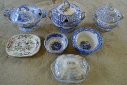 Various blue & white Victorian tureens e