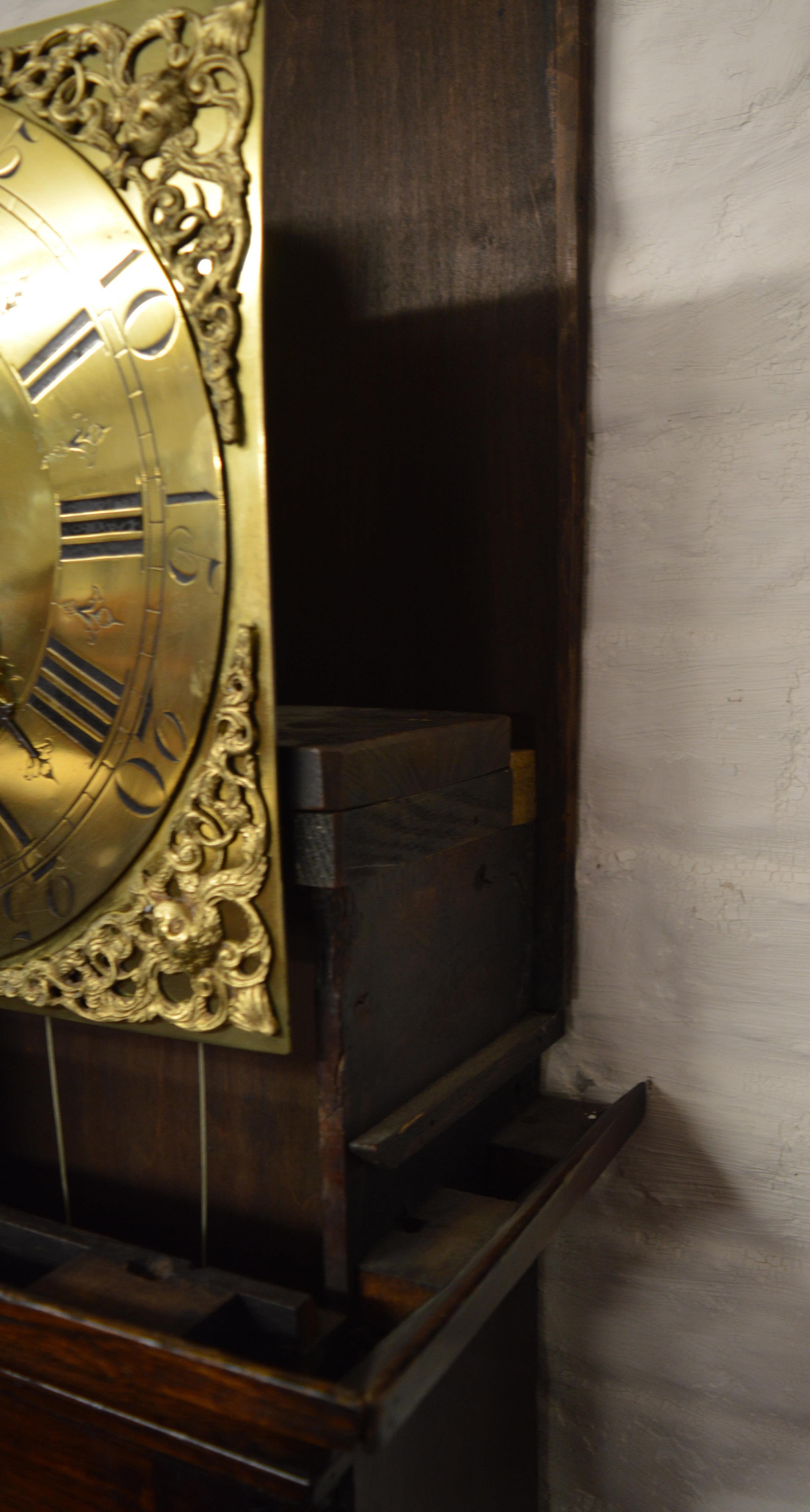 Georgian 8 day brass face longcase clock by James Kirkham, Holywell in an oak case with quarter - Image 5 of 7