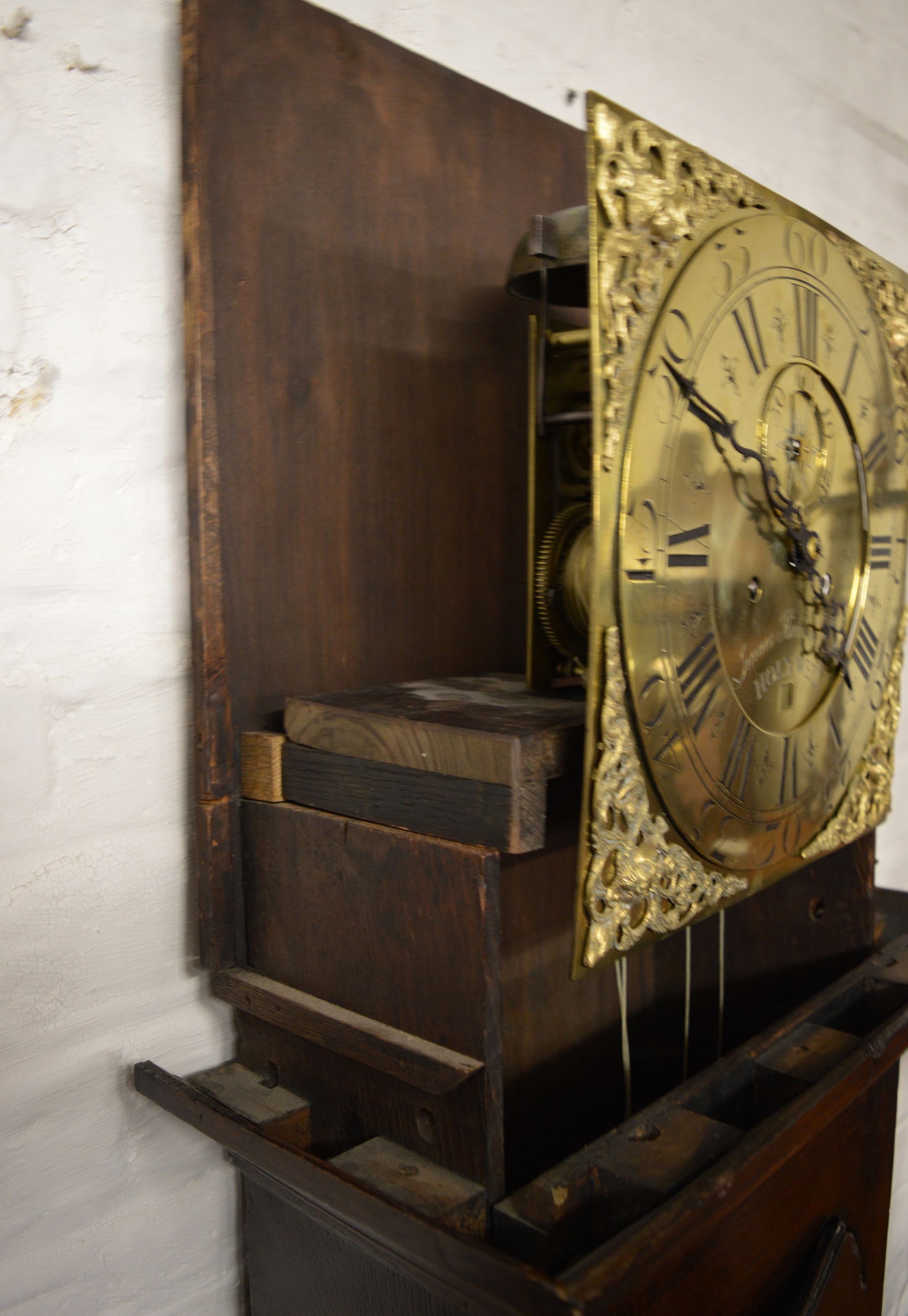 Georgian 8 day brass face longcase clock by James Kirkham, Holywell in an oak case with quarter - Image 6 of 7