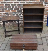 Tin trunk, bookcase & occasional table w