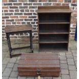 Tin trunk, bookcase & occasional table w