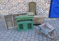 Painted green dresser top, wheelbarrow,