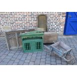 Painted green dresser top, wheelbarrow,