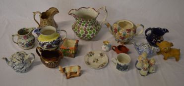 Various ceramic jugs, Victorian cup, dog