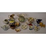 Various ceramic jugs, Victorian cup, dog