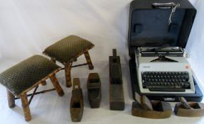 Portable typewriter, 2 bamboo stools & v