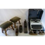 Portable typewriter, 2 bamboo stools & v