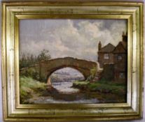 Oil on board of a cottage & a bridge ove