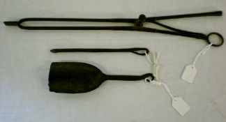 18th century wrought iron pipe tongs & a