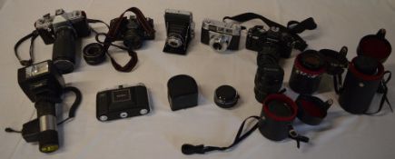 Various cameras including Practica MTL3,