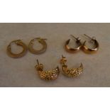 3 pairs of 9ct gold earrings, total weig