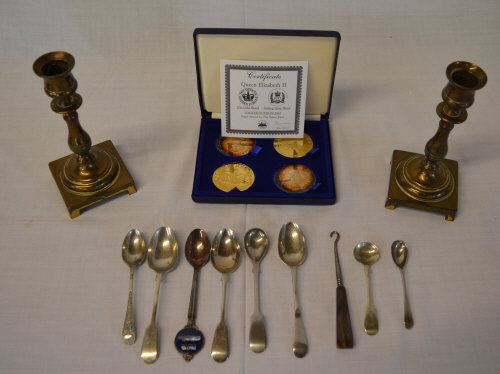 Silver plated spoons, 2 brass candlestic