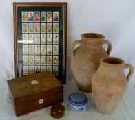 Assorted items inc olive jars, sewing bo