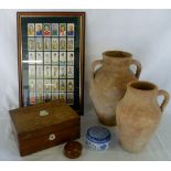 Assorted items inc olive jars, sewing bo