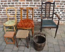 3 chairs, 2 stools & a wooden bucket