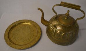 Large brass kettle & brass circular tray