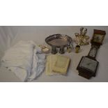 Various silver plate, small clock, barom