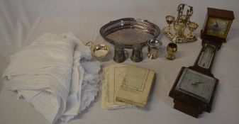 Various silver plate, small clock, barom