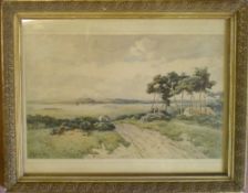 Framed watercolour landscape by Thomas Pyne 1891 with track in foreground & a lakeland in the