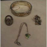 Silver bracelet, 2 brooches & chain pend