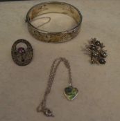 Silver bracelet, 2 brooches & chain pend