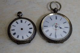 2 ladies Swiss silver pocket watches, on