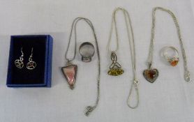 Silver amber pendant set and ring, pink