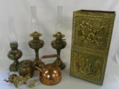 Assorted oil lamps, copper, brass stick