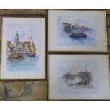 3 pen and ink harbour pictures signed C'