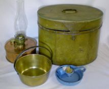 Copper paraffin lamp, brass jam pan & an