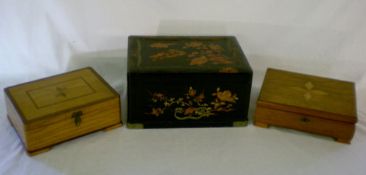 Oriental lacquer jewellery box & 2 woode