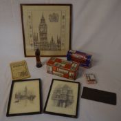Various London themed items including po