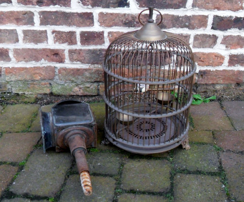 Metal carriage lamp and brass bird cage