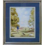 Watercolour of a golfing scene signed R