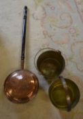 Copper warming pan and two brass jam pan