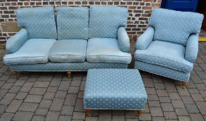 Blue 3 seater sofa, armchair & footstool