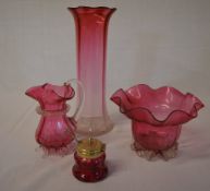 Cranberry glass jug, 2 vases and small l