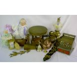 Cuddly toys, doll, carriage clock, brass