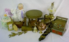 Cuddly toys, doll, carriage clock, brass