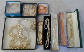 Various coral and pearl necklaces