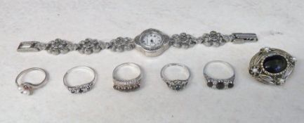 Various silver rings, marcasite ladies w