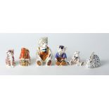 Six Royal Crown Derby Imari paperweights: large teddy, a schoolboy teddy, one other teddy, cat,