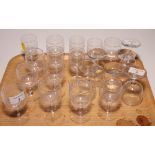 A collection of etched sherry and port glasses, various, and other items of glass