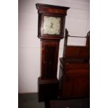 A long case clock in oak and mahogany banded case with square hood, painted dial, thirty-hour