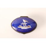 An 18th Century Staffordshire blue enamel patch box, lid inscribed "A trifle from Wallingford" and