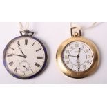 An Art Deco slim line open faced pocket watch in white metal case with enamel decoration and a